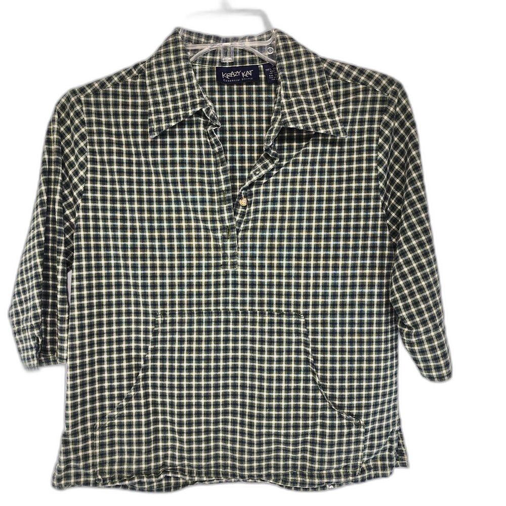 Vintage Krazy Kat Plaid Kangaroo Pocket Half Button Down Shirt Size S